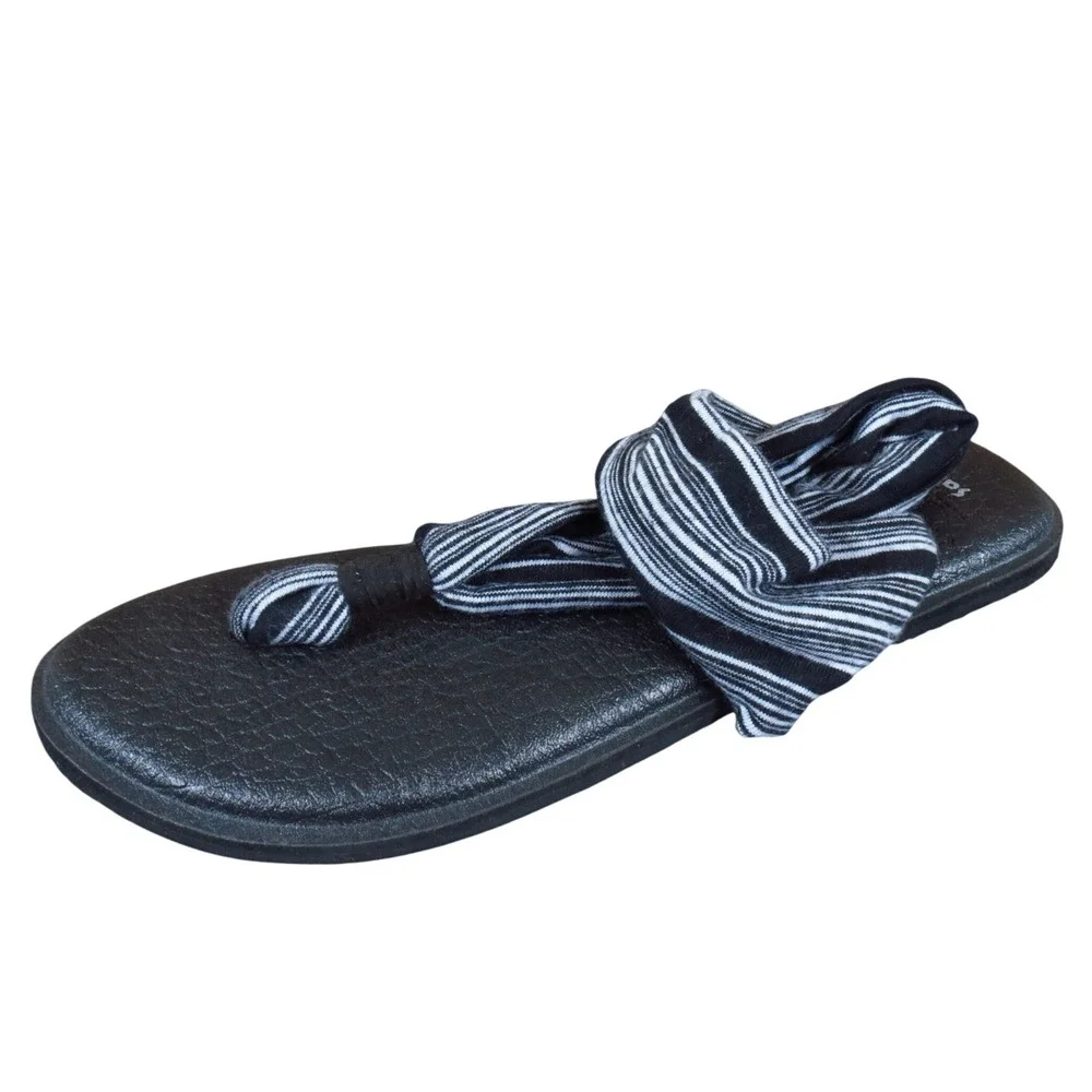 Sanuk Yoga Sling 2 Women Sandal Size 7 Casual Comfort Black‎ White Stripe Fabric